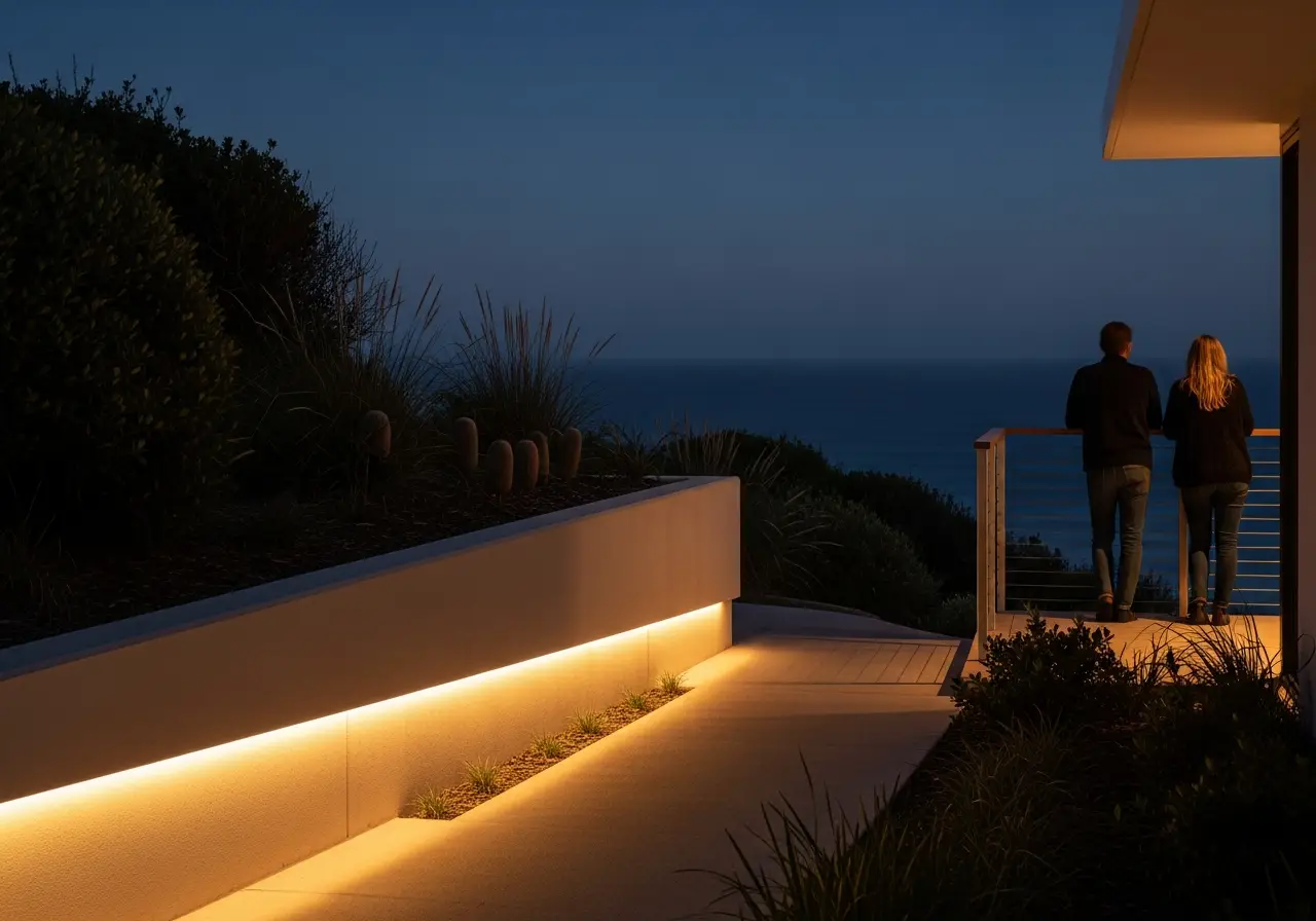 Coastal outdoor LED lighting application at dusk