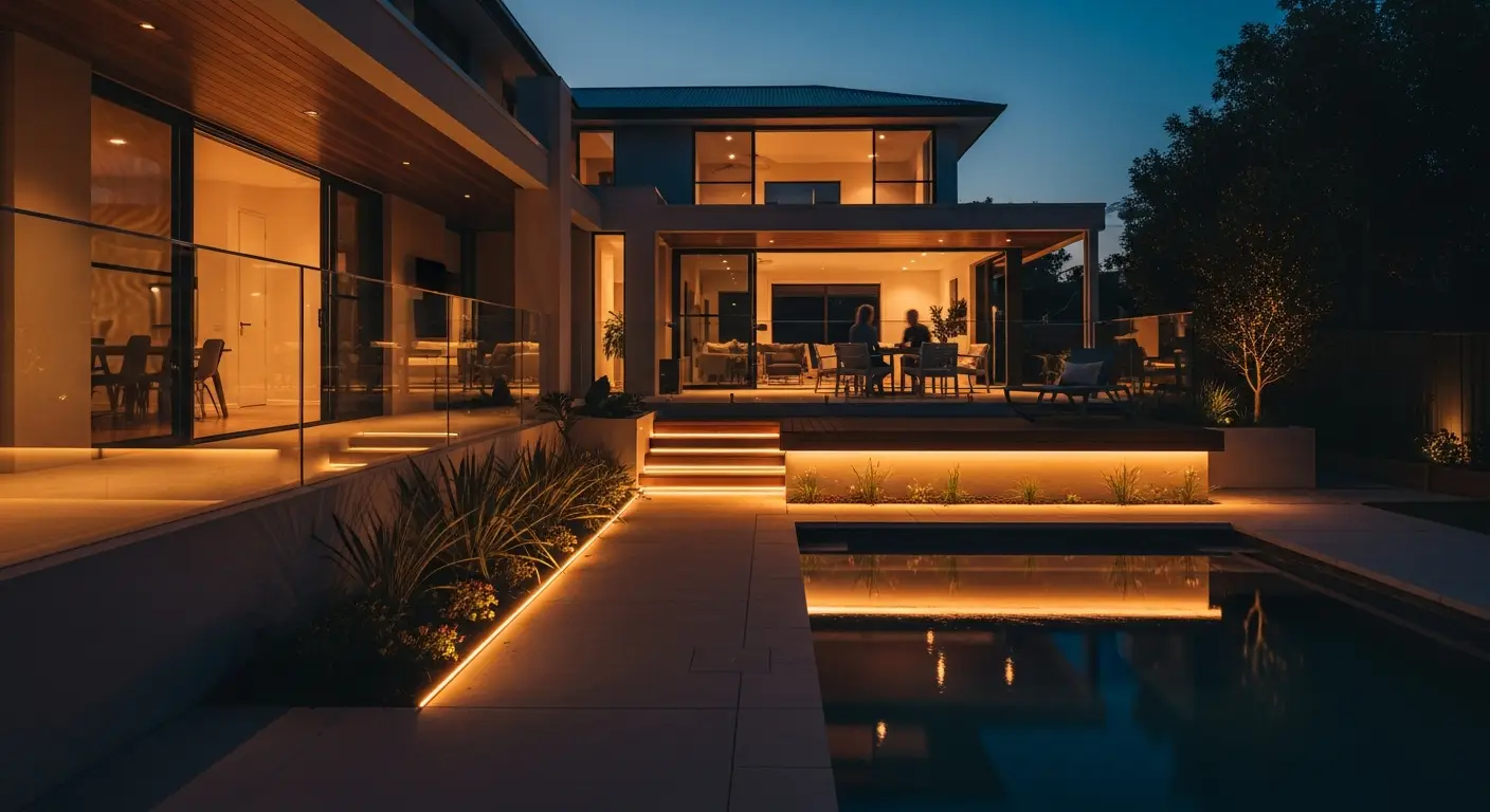 Pool & Aquatic outdoor LED lighting application at dusk