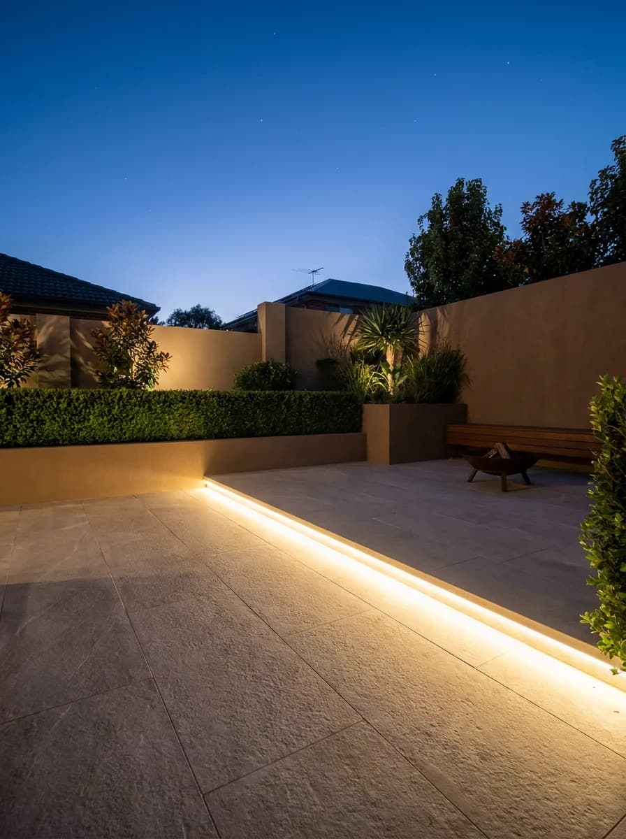 Courtyard patio with Orenara LED strip lighting installed along the paved edge at night