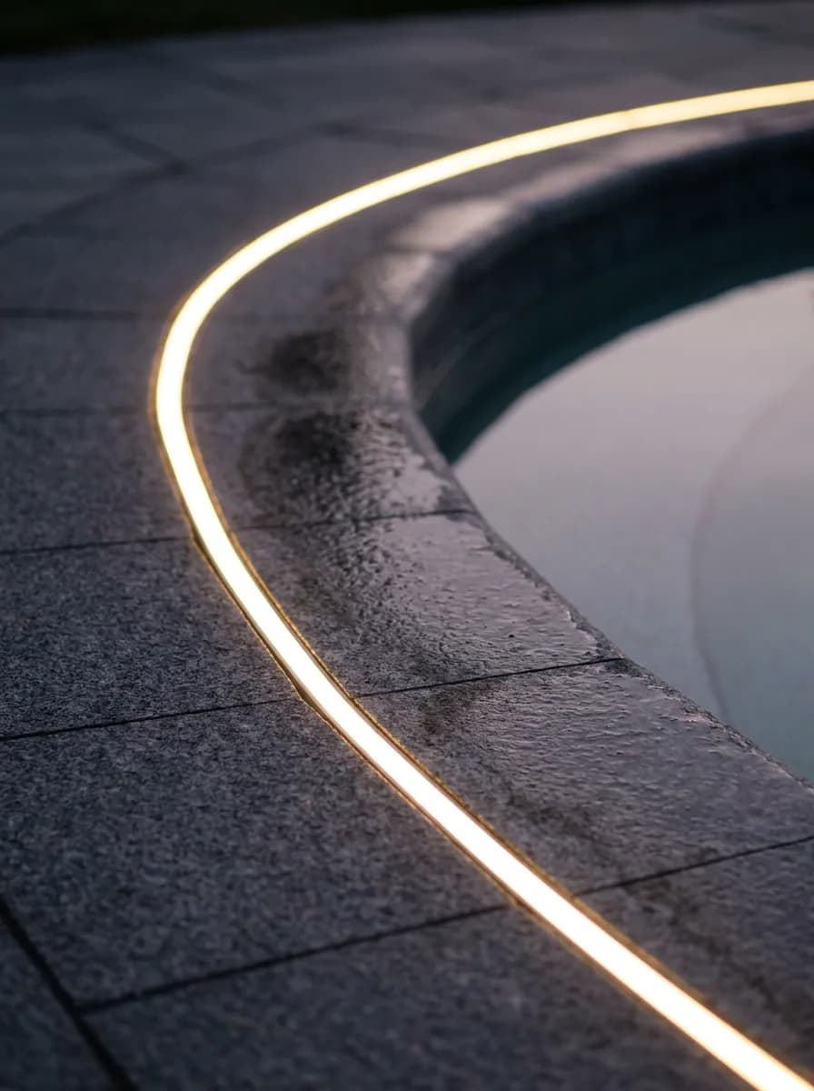 Curved granite edge installation — Orenara flexible segmented track following the garden radius