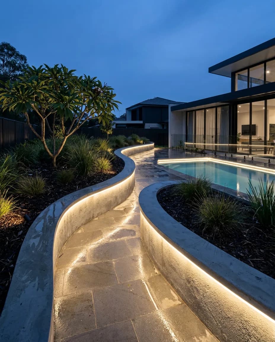 Curved garden path and raised planter walls edge-lit at dusk by Orenara LED strip, leading to a pool beside a modern home