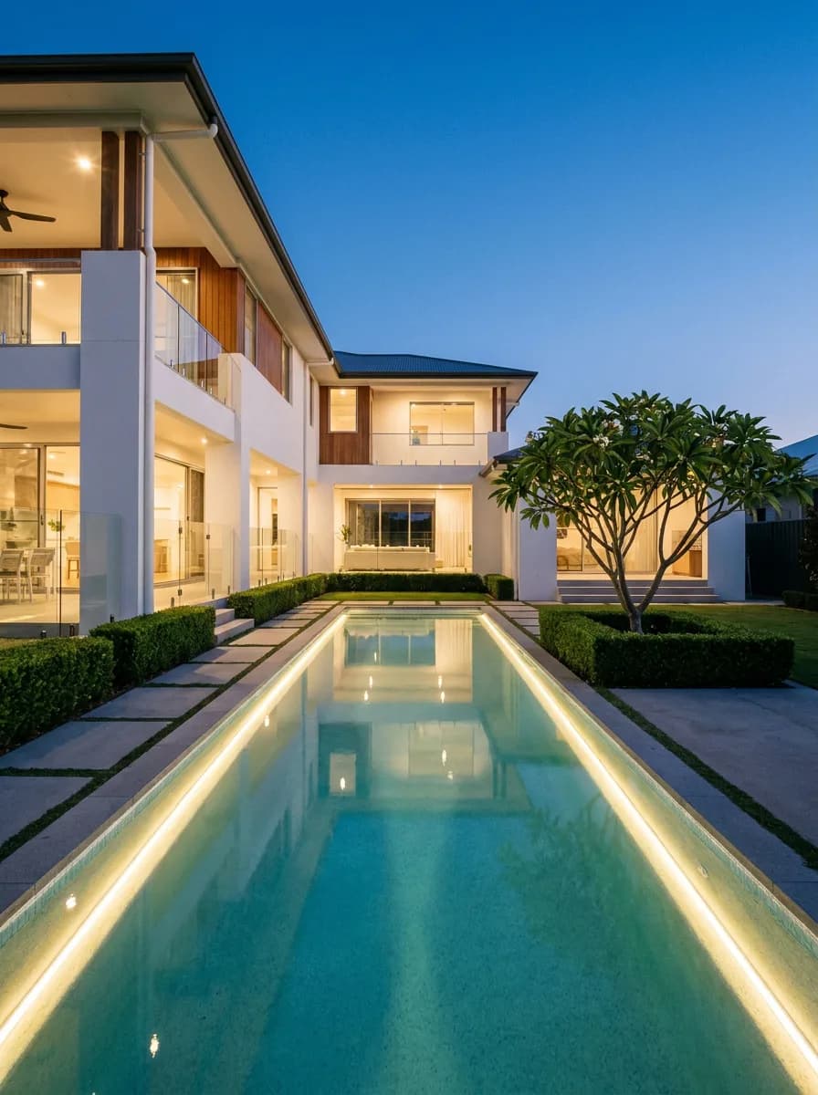 Luxury home lap pool at night with continuous LED strip lighting along the pool edge
