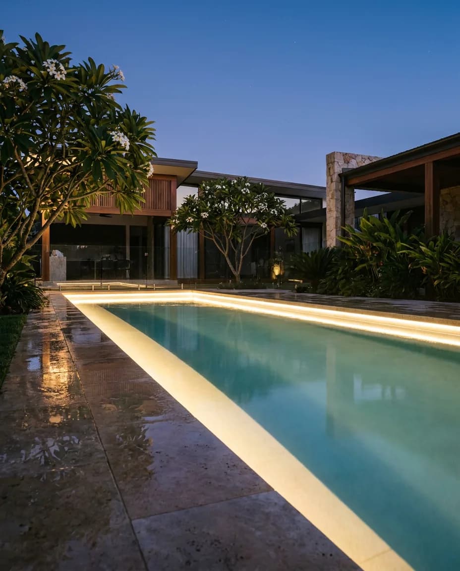 Outdoor pool at dusk with warm Orenara LED strip lighting glowing along the pool coping