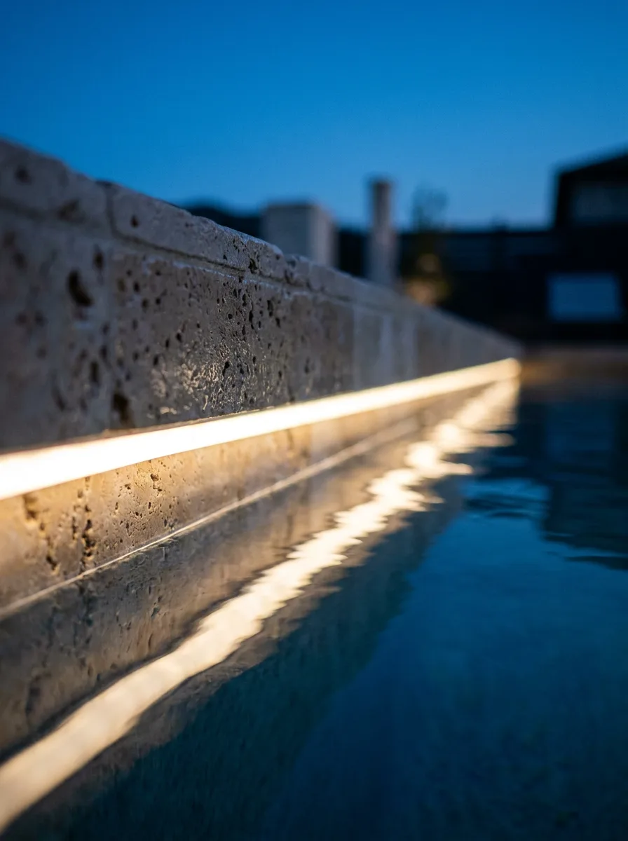 Travertine pool edge with Orenara LED strip lighting running beneath the coping, warm glow on water
