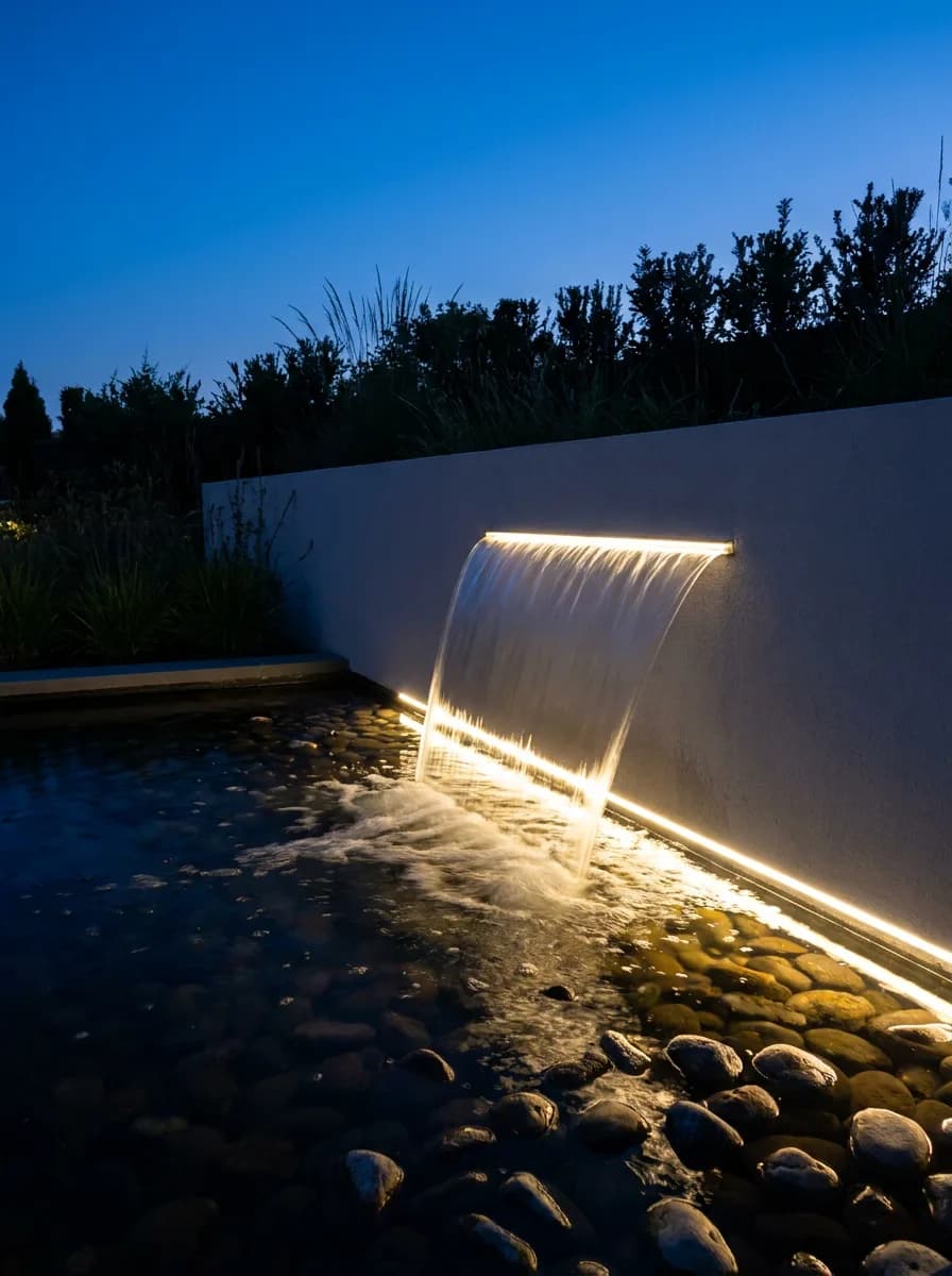 Waterfall and rock pond feature at night with Orenara LED strip integrated into the rockwork