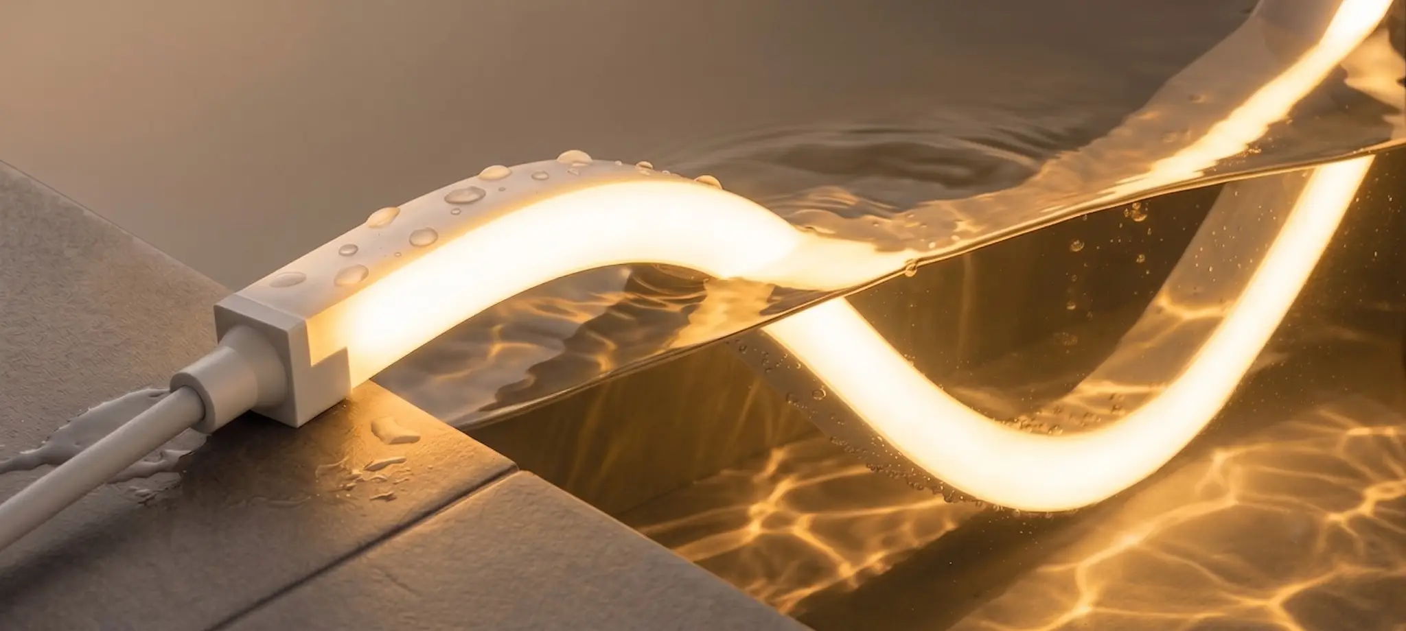 Orenara IP68 silicone LED neon strip running from poolside concrete into submerged water, glowing warm white, water droplets visible on strip surface