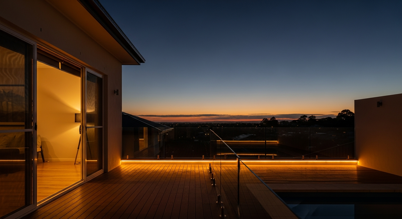 Empty outdoor deck and pool at deep dusk, warm Duskline strip lighting glowing along the deck edge and pool surround as the dominant light source, house lit softly behind.