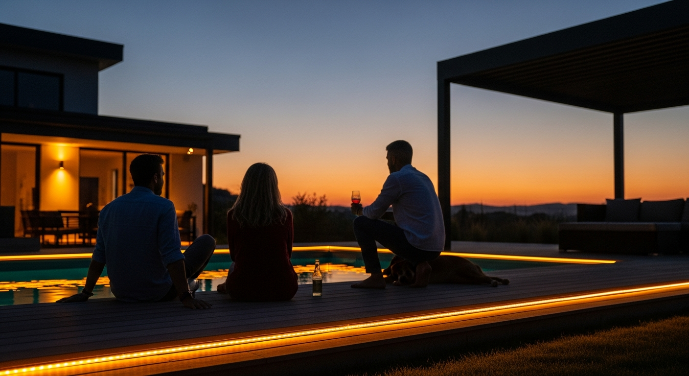 Family and friends relaxing on an outdoor deck by a pool at dusk, warm Duskline strip lighting glowing along the deck edge and pergola, house lit warm behind.
